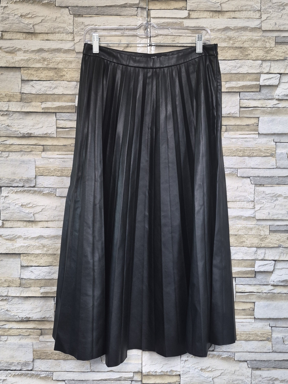 ​MNG Pleated Faux Leather Midi Skirt Women Size M Black Elegant Office Chic